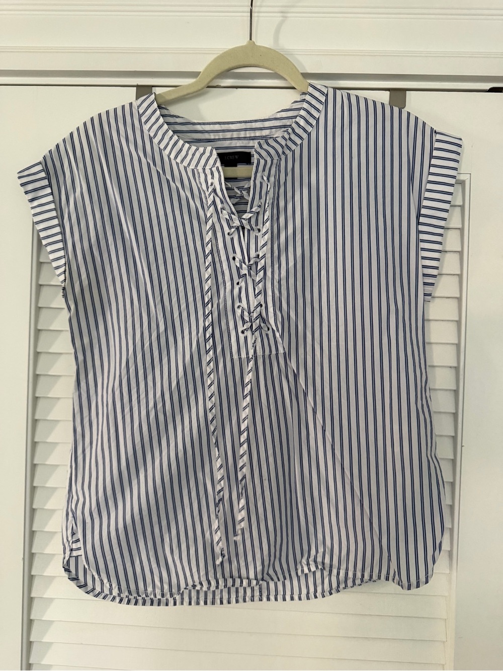 J. Crew Blue and White Striped Lace-Up Cap Sleeve Blouse